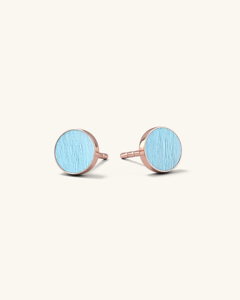 Cosmic earrings - Handmade birch wood and sterling silver studs earrings with light blue birch wood interior, plated with 18k rose gold.