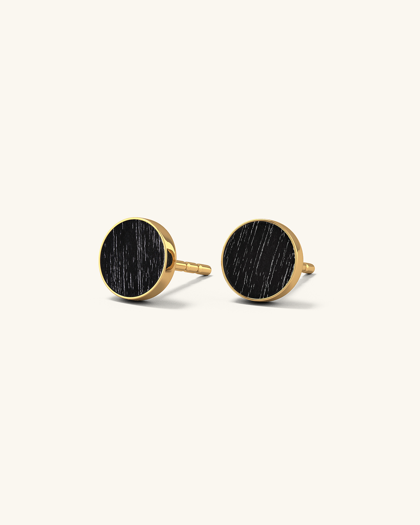 Cosmic earrings - Handmade birch wood and sterling silver studs earrings with black birch wood interior, plated with 24k gold.