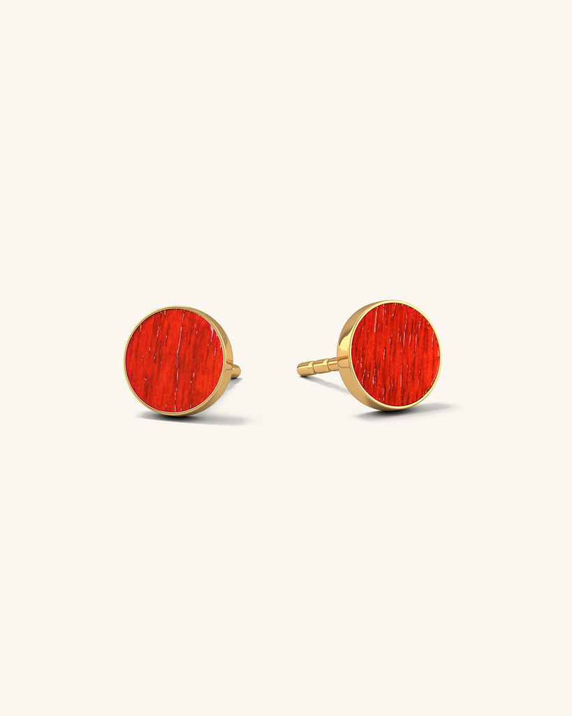 Cosmic earrings - Handmade birch wood and sterling silver studs earrings with red birch wood interior, plated with 24k gold.