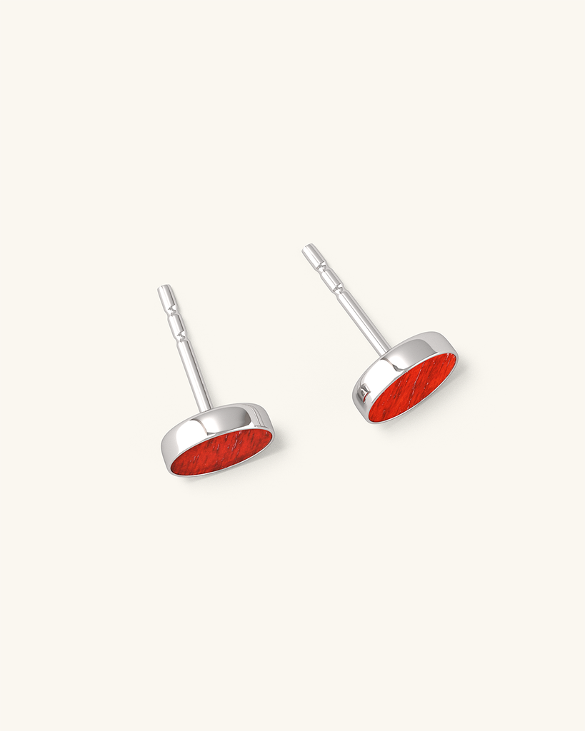 Cosmic earrings - Handmade birch wood and sterling silver stud earrings with red birch wood interior, plated with platinum.