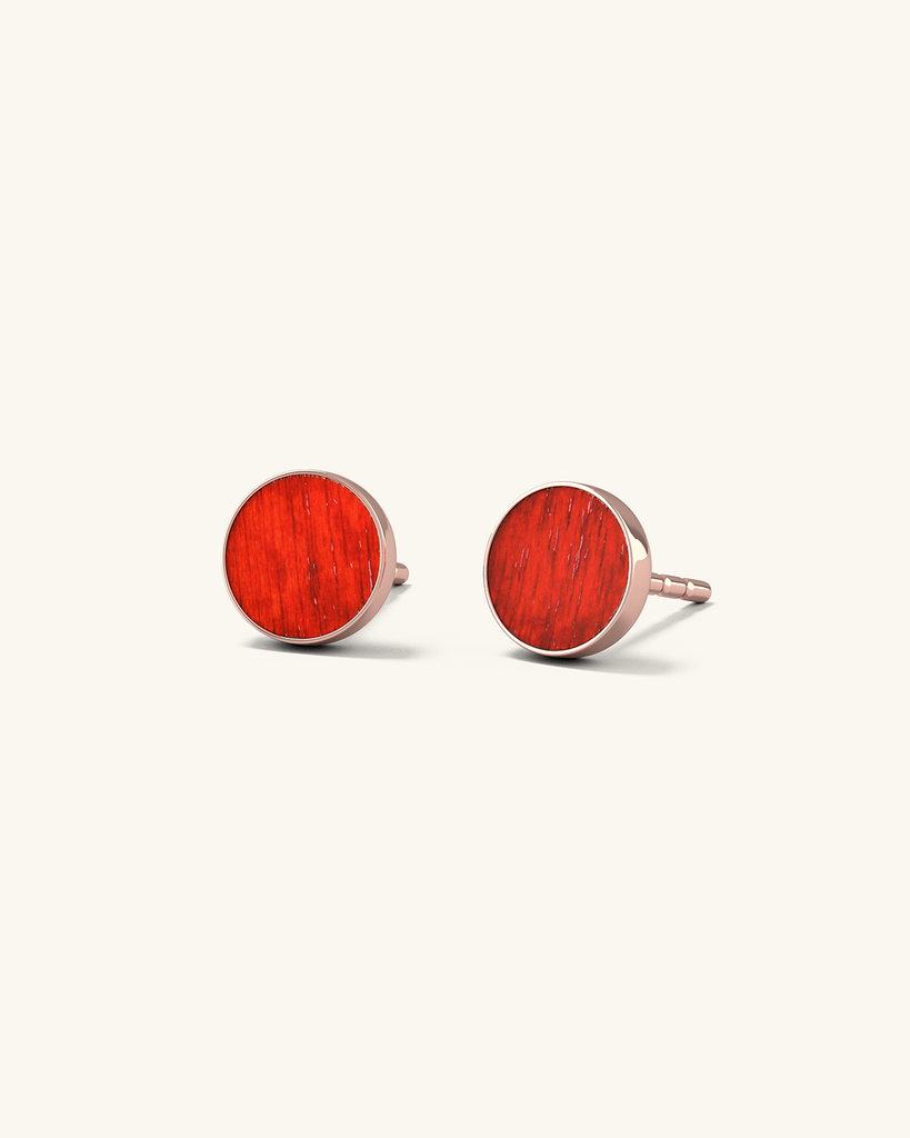 Cosmic earrings - Handmade birch wood and sterling silver studs earrings with red birch wood interior, plated with 18k rose gold.