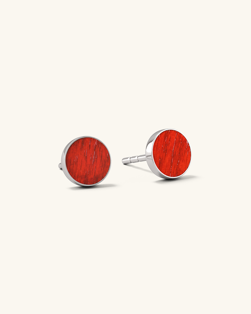 Cosmic earrings - Handmade birch wood and sterling silver studs earrings with red birch wood interior, plated with platinum.