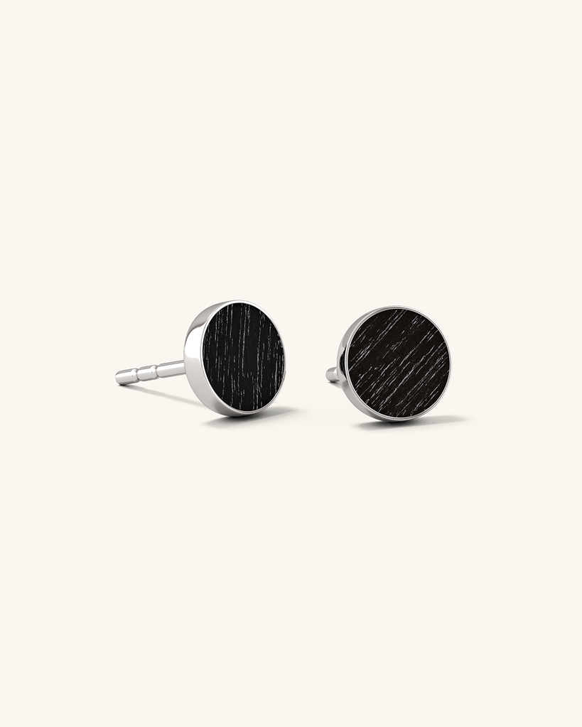 Cosmic earrings - Handmade birch wood and sterling silver earring studs with black birch wood interior, plated with platinum.