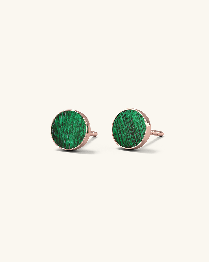 Cosmic earrings - Handmade birch wood and sterling silver studs earrings with green birch wood interior, plated with 18k rose gold.
