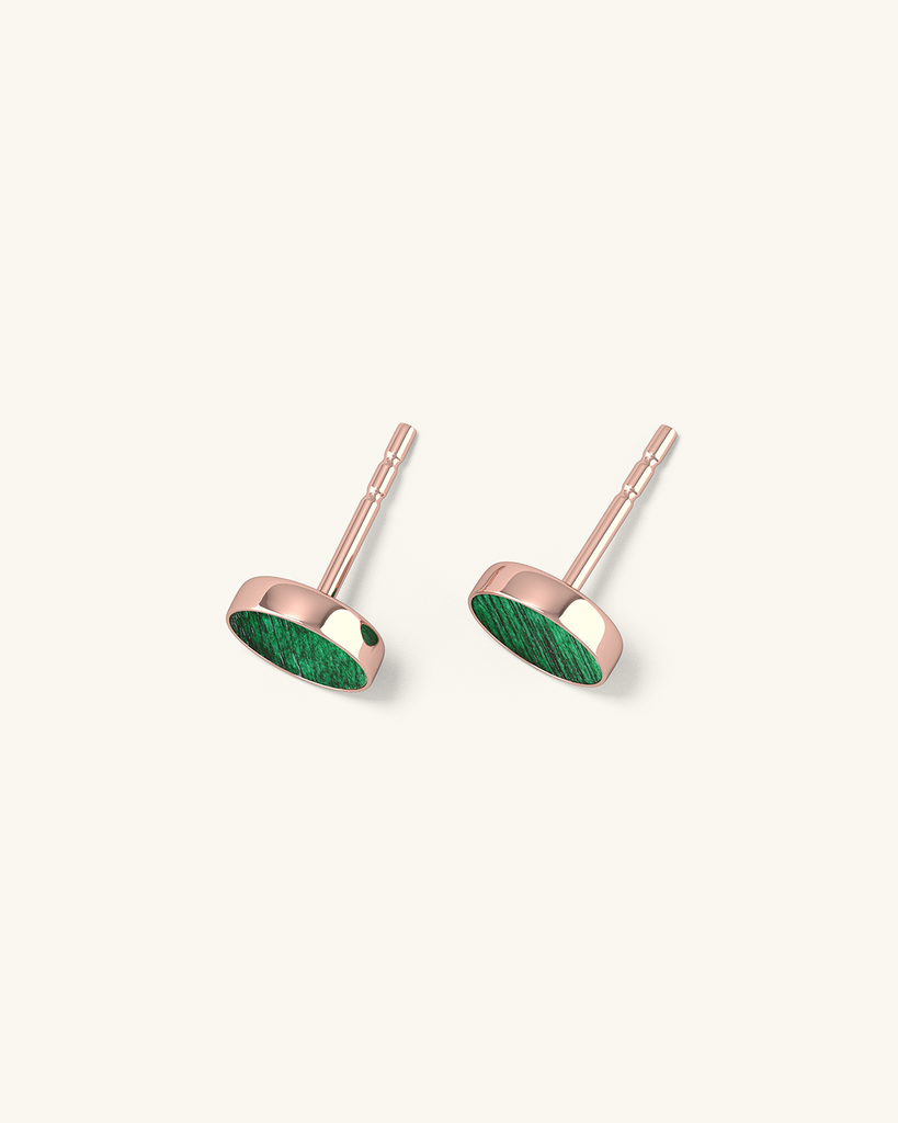 Cosmic earrings - Handmade birch wood and sterling silver stud earrings with green birch wood interior, plated with 18k rose gold.