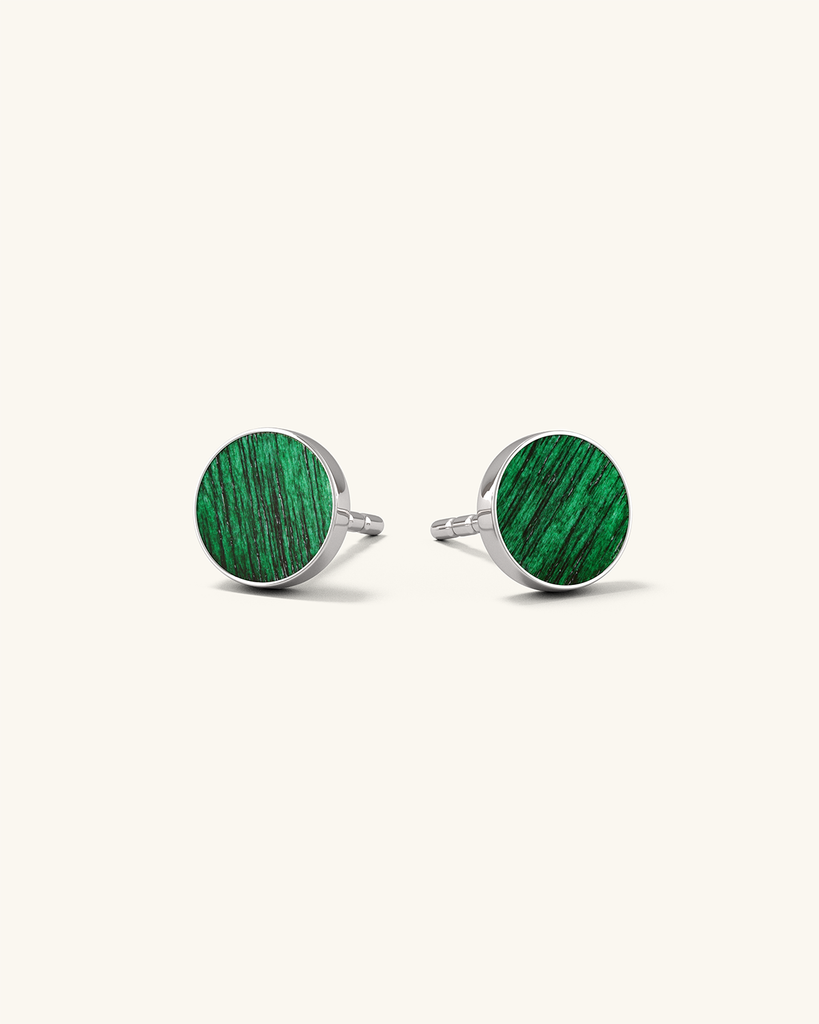 Cosmic earrings - Handmade birch wood and sterling silver studs earrings with green birch wood interior, plated with platinum.