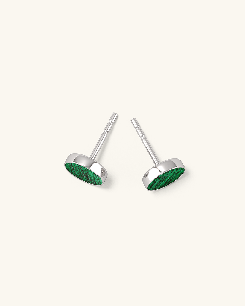 Cosmic earrings - Handmade birch wood and sterling silver stud earrings with green birch wood interior, plated with platinum.