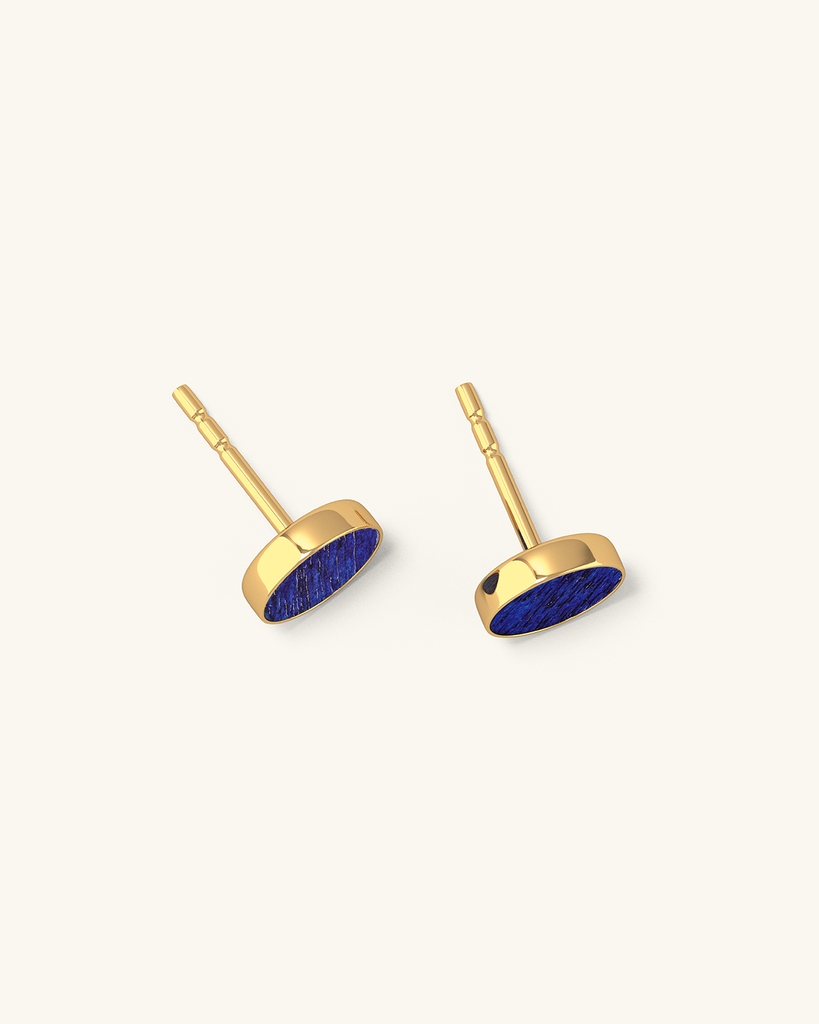 Cosmic earrings - Handmade birch wood and sterling silver stud earrings with blue birch wood interior, plated with 24k gold.