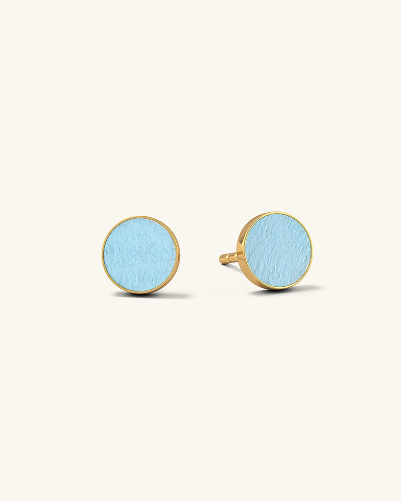 Cosmic earrings - Handmade birch wood and sterling silver studs earrings with light blue birch wood interior, plated with 24k gold.