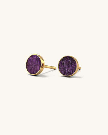 Cosmic earrings - Handmade birch wood and sterling silver studs earrings with purple birch wood interior, plated with 24k gold.