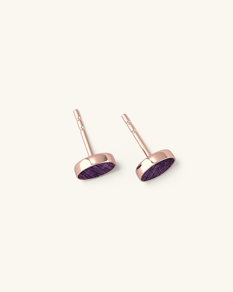 Cosmic earrings - Handmade birch wood and sterling silver stud earrings with purple birch wood interior, plated with 18k rose gold.
