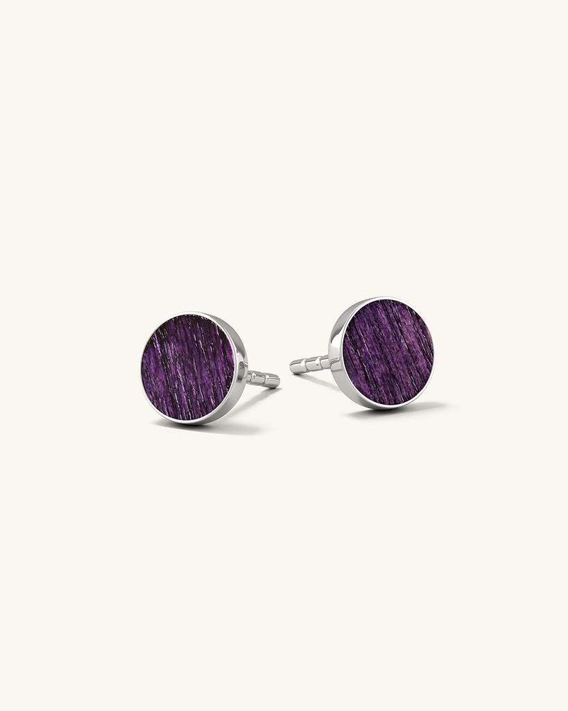 Cosmic earrings - Handmade birch wood and sterling silver studs earrings with purple birch wood interior, plated with platinum.