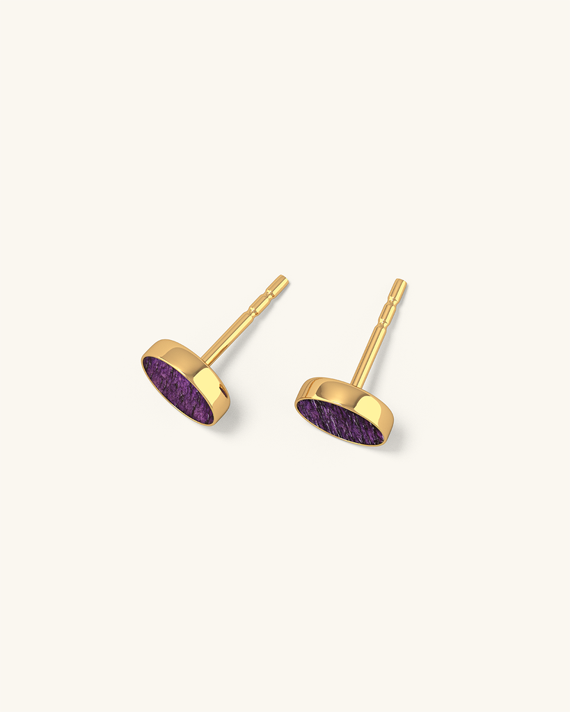Cosmic earrings - Handmade birch wood and sterling silver stud earrings with purple birch wood interior, plated with 24k gold.