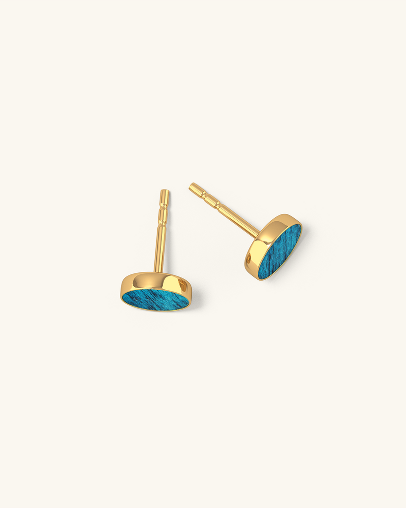 Cosmic earrings - Handmade birch wood and sterling silver studs earrings with supernova blue birch wood interior, plated with 24k gold.