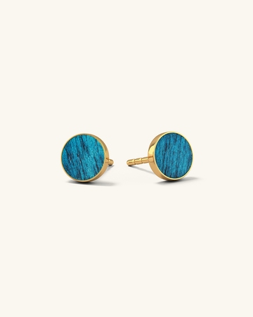 Cosmic earrings - Handmade birch wood and sterling silver studs with supernova blue birch wood interior, plated with 24k gold.