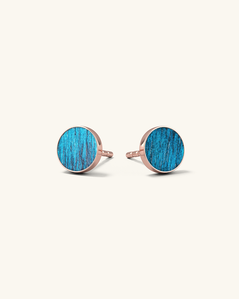 Cosmic earrings - Handmade birch wood and sterling silver studs with supernova blue birch wood interior, plated with 18k rose gold.