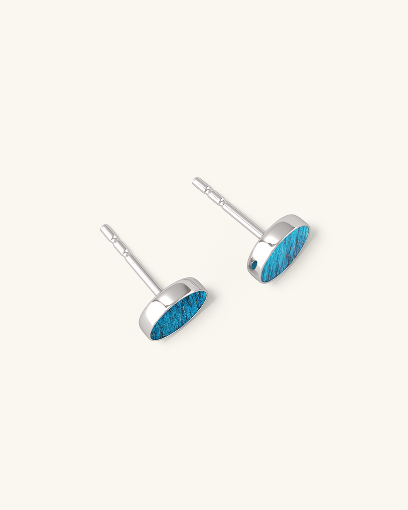 Cosmic earrings - Handmade birch wood and sterling silver studs earrings with supernova blue birch wood interior, plated with platinum.